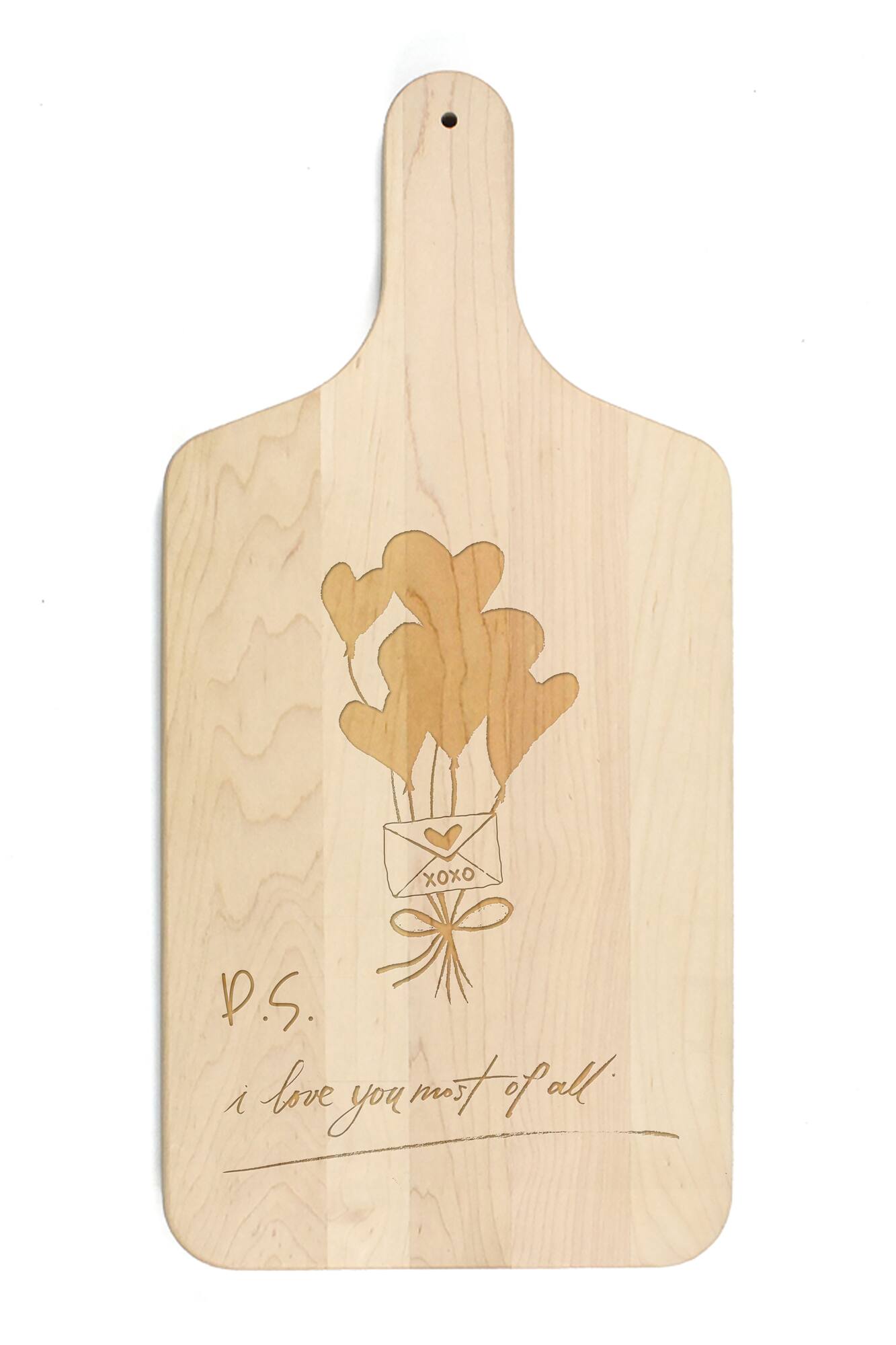 Valentines Balloons 8" x 17" Maple Paddle Cutting Board